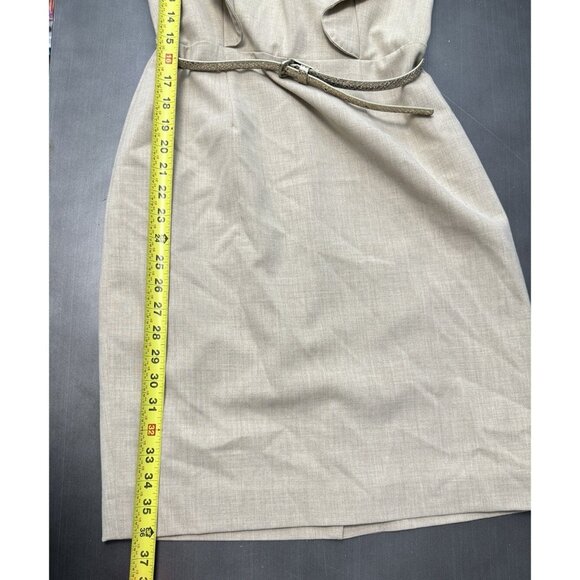 Calvin Klein Pencil Dress Beige Ruffles Sleeveless Gold Belted Preppy Corpcore 4 - Picture 10 of 10